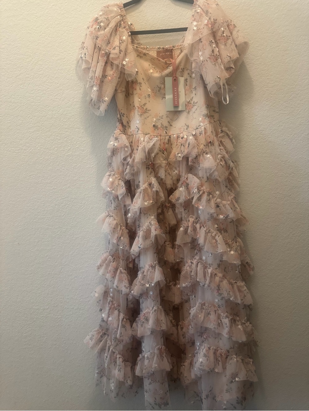 L JessaKae Blush Floral Tulle maxi dress with embroidered flowers
